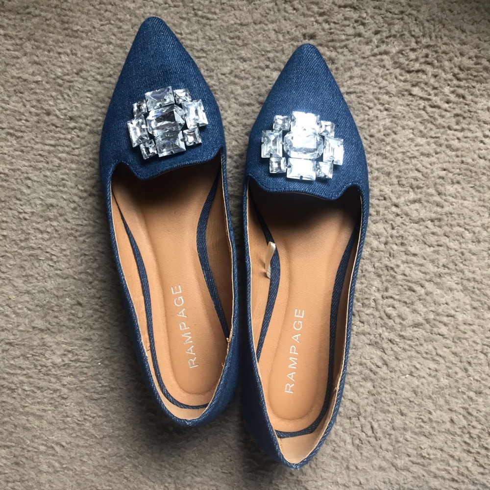 Denim embellished pointed flats